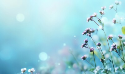 Fototapeta premium Delicate flowers blooming against soft blue background, vibrant petals, gentle bokeh effect, serene atmosphere, nature's beauty