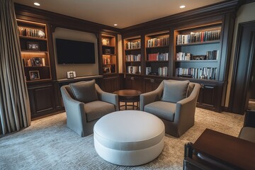 Modern and Cozy Home Office with Elegant Bookshelves, Comfortable Seating, and Soft Lighting in a Contemporary Design Setting