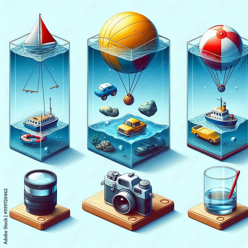 Poster objects floating or sinking in fluids based on density and buoya