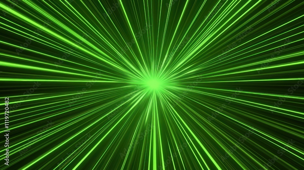 Poster dynamic green light rays radiating from center in a digital abstract background