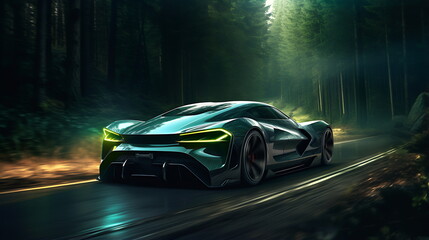 Fototapeta premium a sports car driving on road through the forest
