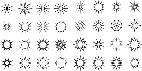 Collection of various black line star glittering symbols, including stars, sparkles, starbursts, flash stars, and spark symbols on a transparent background.