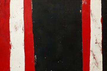 Abstract expression of color and texture featuring bold red, white, and black stripes creating a striking visual contrast on a canvas background