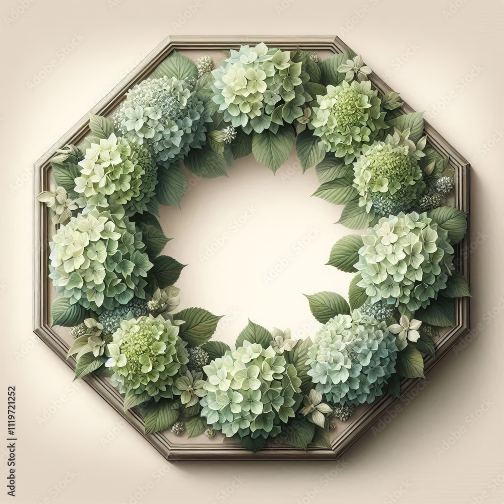 Poster octagon with hydrangeas in soft greens an octagonal frame with s