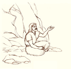 Pencil drawing. Elijah and the crows