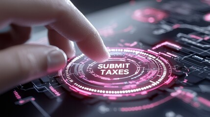 Tax submission process. A hand hovers over a digital button labeled "SUBMIT TAXES," highlighting the integration of technology in tax processes.