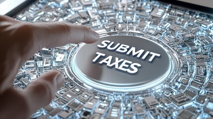 Tax submission process. A close-up of a hand about to press a button labeled "SUBMIT TAXES" on a digital interface, highlighting the action of filing taxes online.