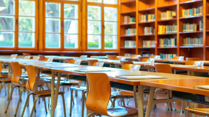 Spacious conference room with sleek chairs, wooden shelves, and large windows. Modern business concept