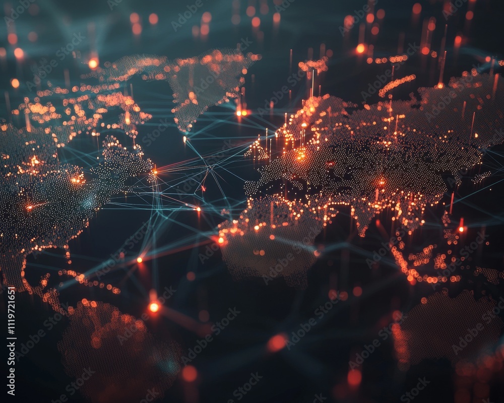 Aufkleber a vibrant digital world map showcasing interconnected nodes and networks, illuminated by glowing ora