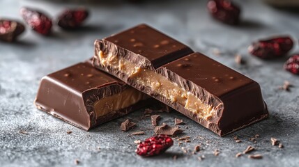 Delicious chocolate bars with creamy filling and toppings on a textured surface