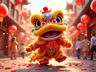 cute lion dance dancing at chinese new year celebration