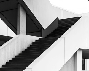 Fototapeta premium A modern architectural staircase with sleek white walls and contrasting dark steps, showcasing minimalist design elements.