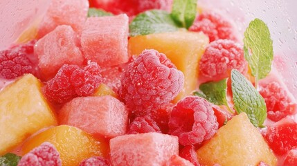 A vibrant bowl of mixed fruit featuring watermelon, cantaloupe, and raspberries, garnished with fresh mint leaves, perfect for a refreshing treat.
