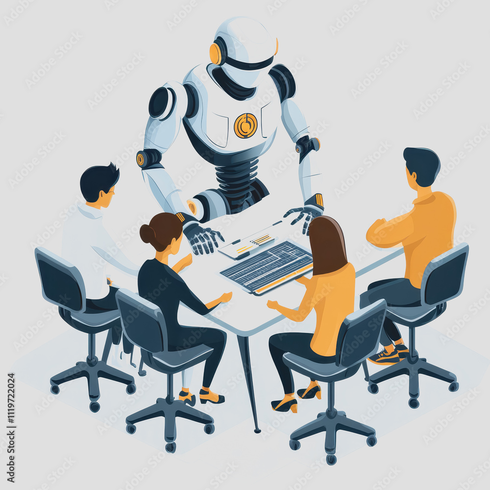 Poster collaboration between human and robot in modern office setting with team members engaging in innovat