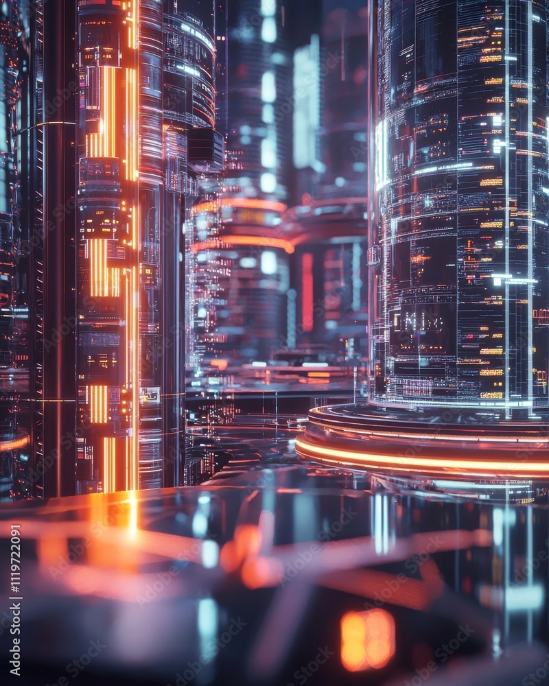 Poster futuristic cityscape with glowing neon lights and intricate digital structures, creating a mesmerizi