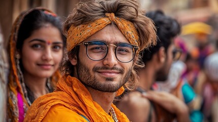 Fototapeta premium Smiling man in traditional attire amidst Holi festival crowd