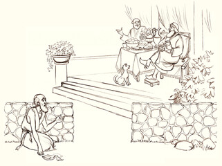 Pencil drawing. The rich man is feasting and the beggar asks for food