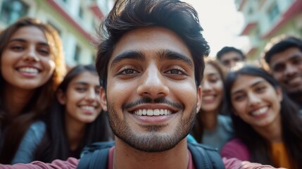 Fototapeta premium Smiling group selfie during Holi festival celebration