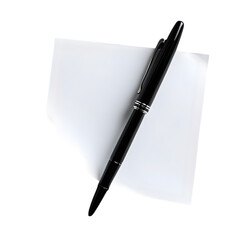 A black pen resting diagonally on a white sticky note on a transparent background