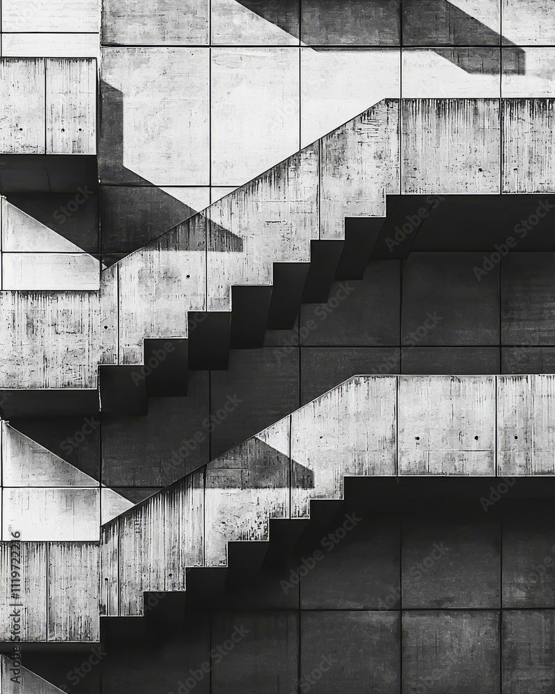 Aufkleber a striking monochrome image of concrete stairs showcasing geometric patterns and sharp shadows.