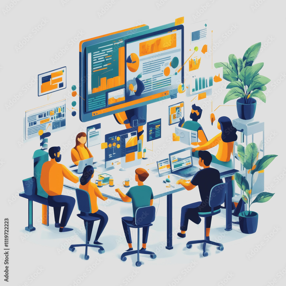 Poster team collaboration in modern office with digital displays and interactive dashboards for data analys