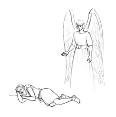 An angel appeared to the prophet Elijah. Pencil drawing