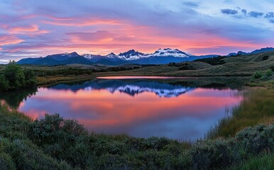 Obraz premium Serene Sunset Reflecting on Mountain Lake