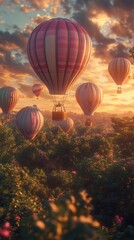 Fototapeta premium digital art piece featuring pastel-colored hot air balloons floating in the sky, creating an enchanting and dreamy atmosphere. The balloons range from soft pinks to vibrant blues, with del