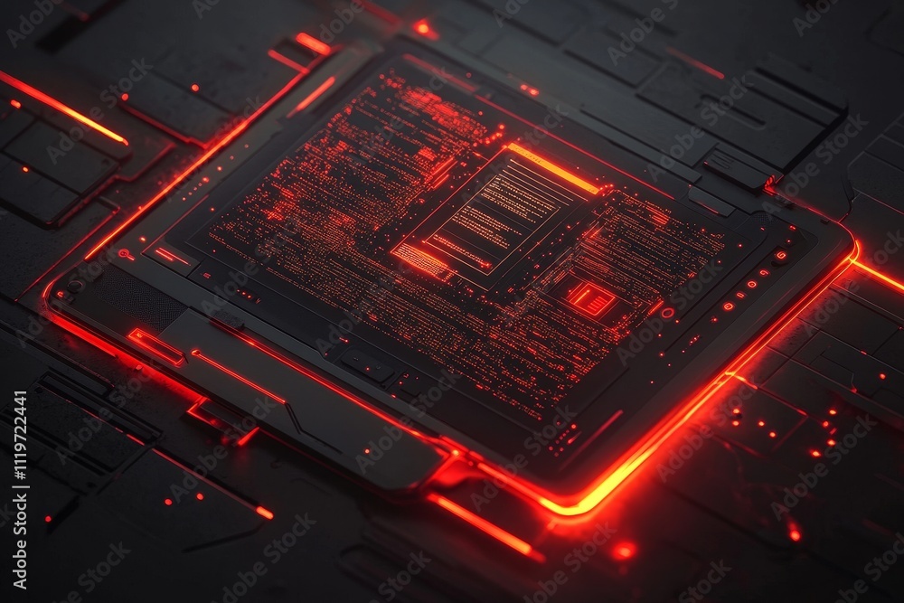 Poster futuristic digital interface with neon red accents showcasing data and technology in an abstract bac