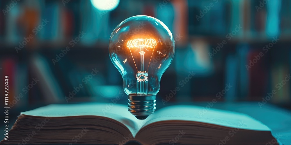 Poster light bulb illuminating open book in a creative learning environment with soft focus background