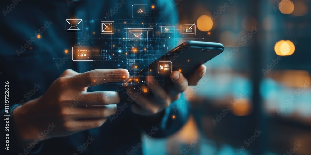 Poster hand holding smartphone with virtual social media icons and glowing data connections in a modern dig