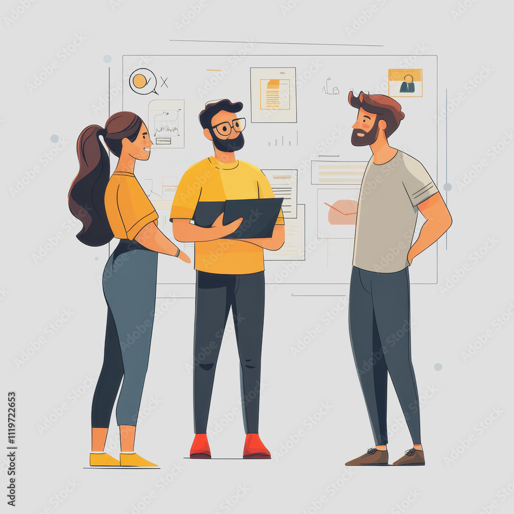 Poster professional collaboration illustrated with three diverse characters engaging in discussion with cha