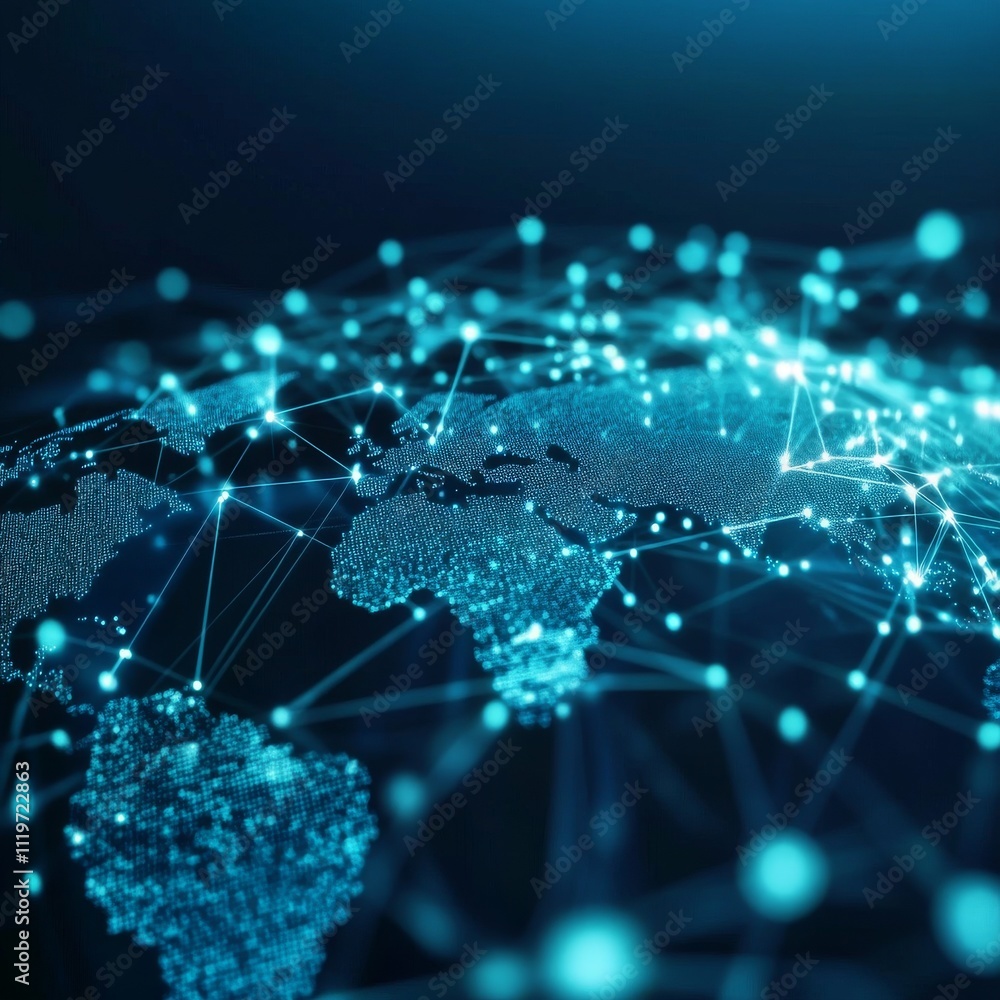 Poster a digital representation of a connected world showcasing global networks and data flow in vibrant bl
