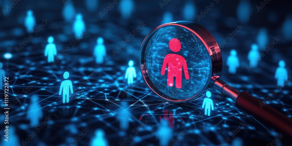 Aufkleber digital connections and social networking concept illustrating a magnifying glass focusing on a huma