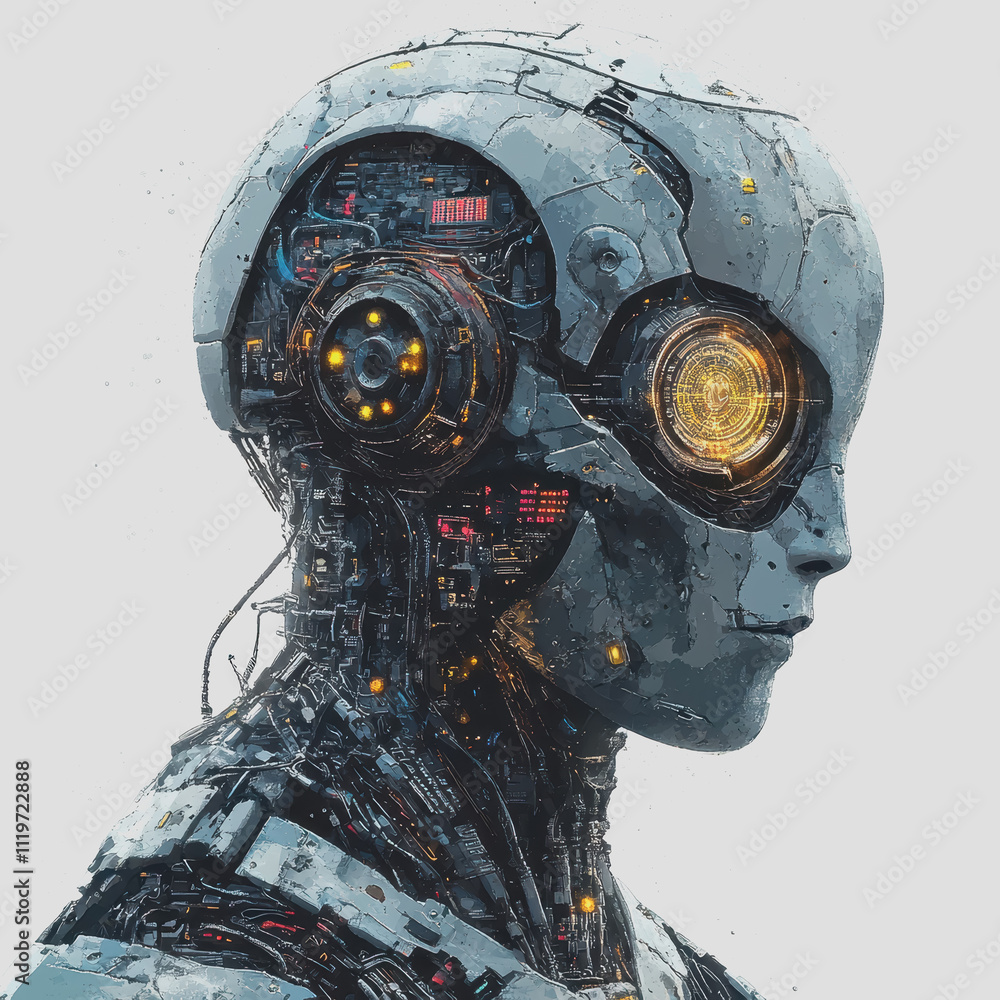 Poster futuristic humanoid robot with intricate circuitry and glowing eye design showcasing advanced techno