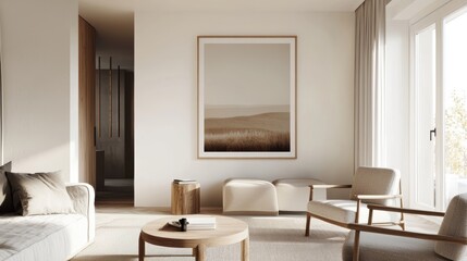 Fototapeta premium Minimalist Living Room with Neutral Tones and Abstract Art