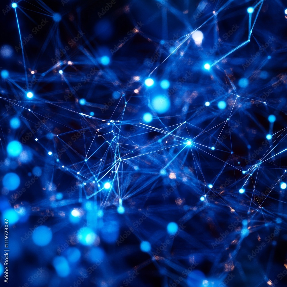 Poster abstract blue network of interconnected nodes and lines, creating a mesmerizing digital landscape.