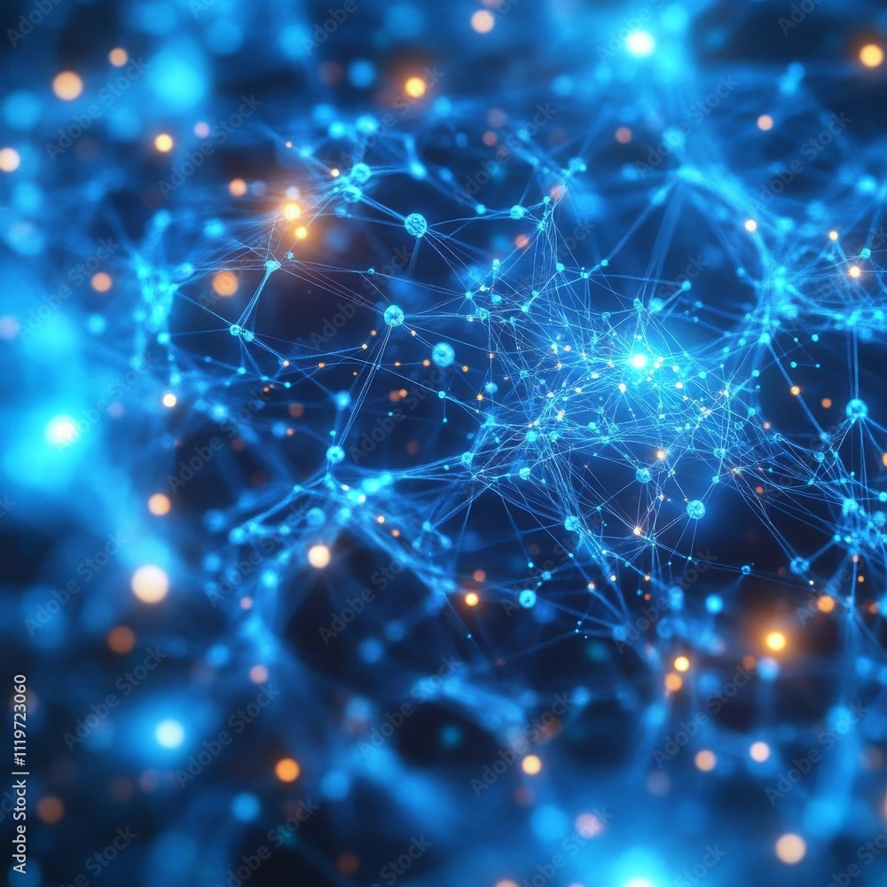 Poster blue abstract network visualization, showcasing interconnected nodes and glowing connections in a di