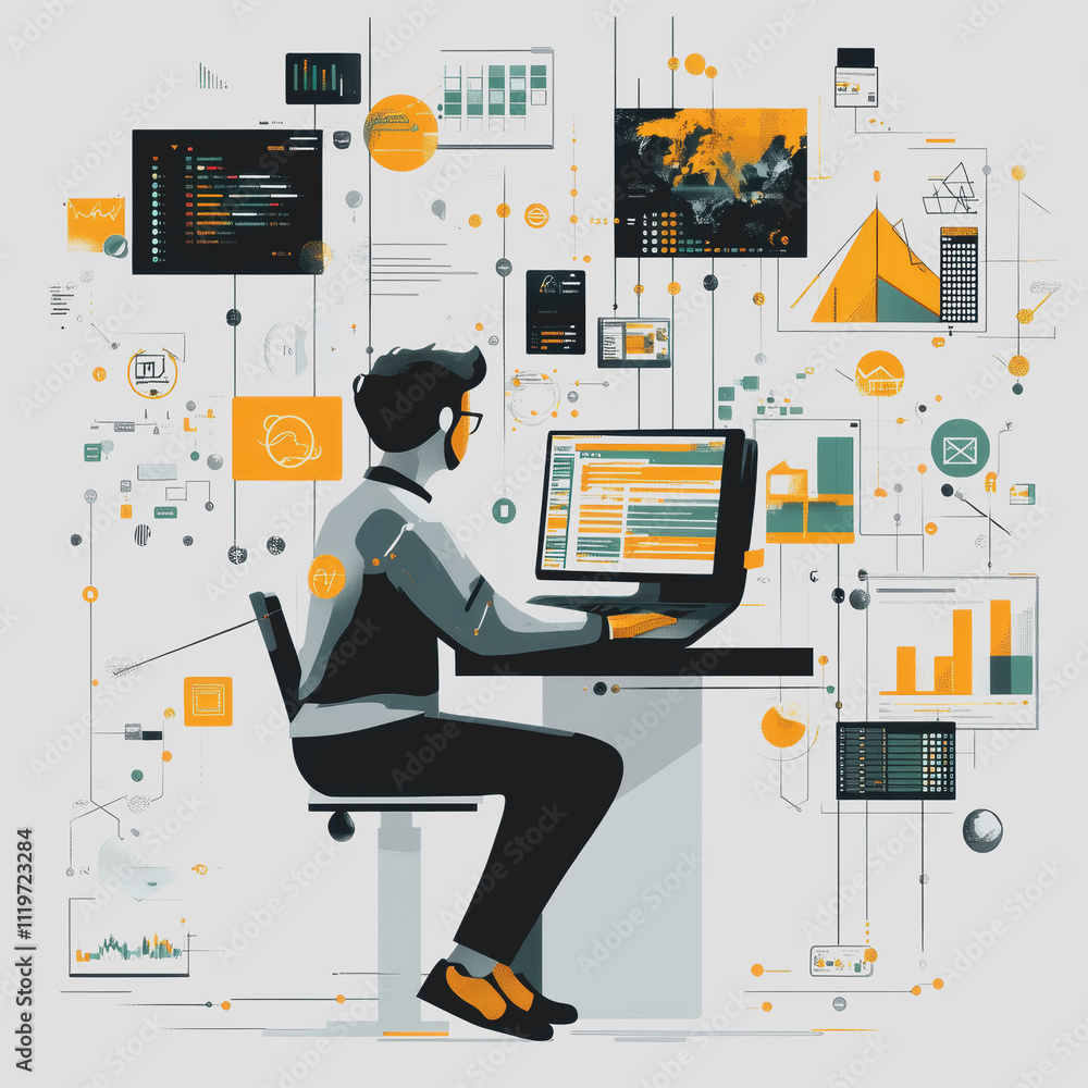 Poster young professional analyzing data on computer with colorful infographics and charts in modern worksp