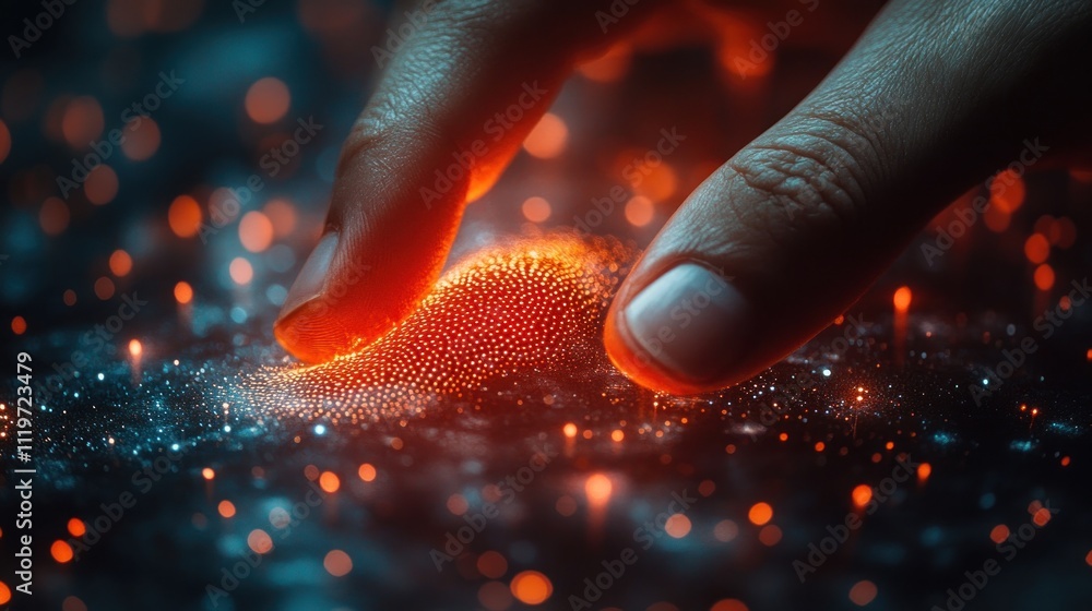 Aufkleber hand interacts with a glowing, textured surface, creating a visual of digital connection.
