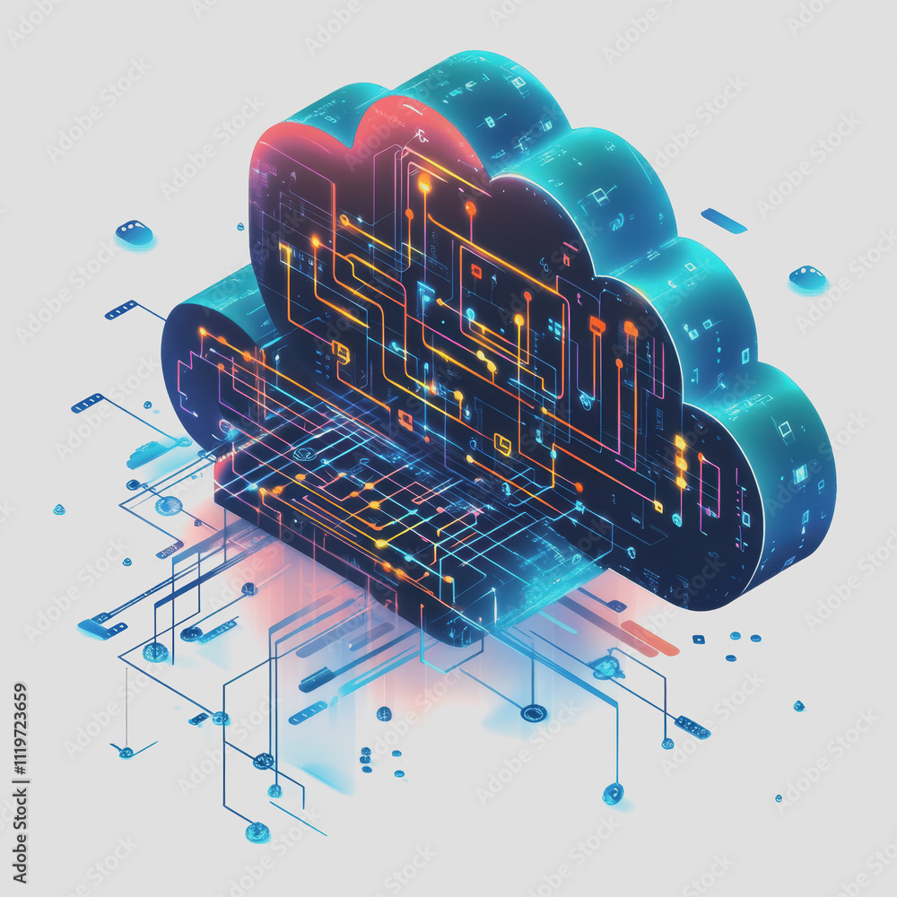Aufkleber futuristic digital cloud computing concept with circuit patterns, data transfer, and cyber technolog