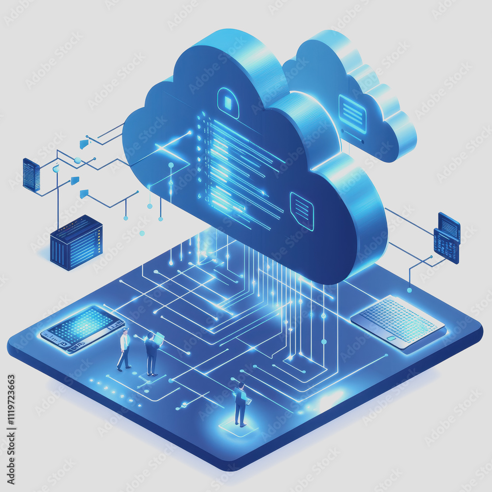 Poster futuristic cloud computing concept with data transfer, server interaction, and digital security elem