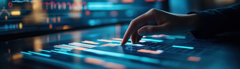 Hand interacting with a futuristic digital interface showing glowing data streams.