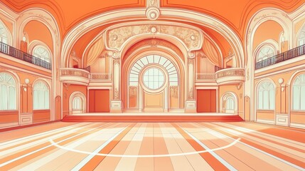 Obraz premium A spacious, elegantly designed hall with orange tones and large windows, ideal for events.
