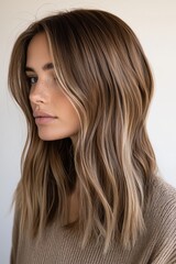 Obraz premium Stylish Young Woman with Long Brown Hair and Natural Makeup