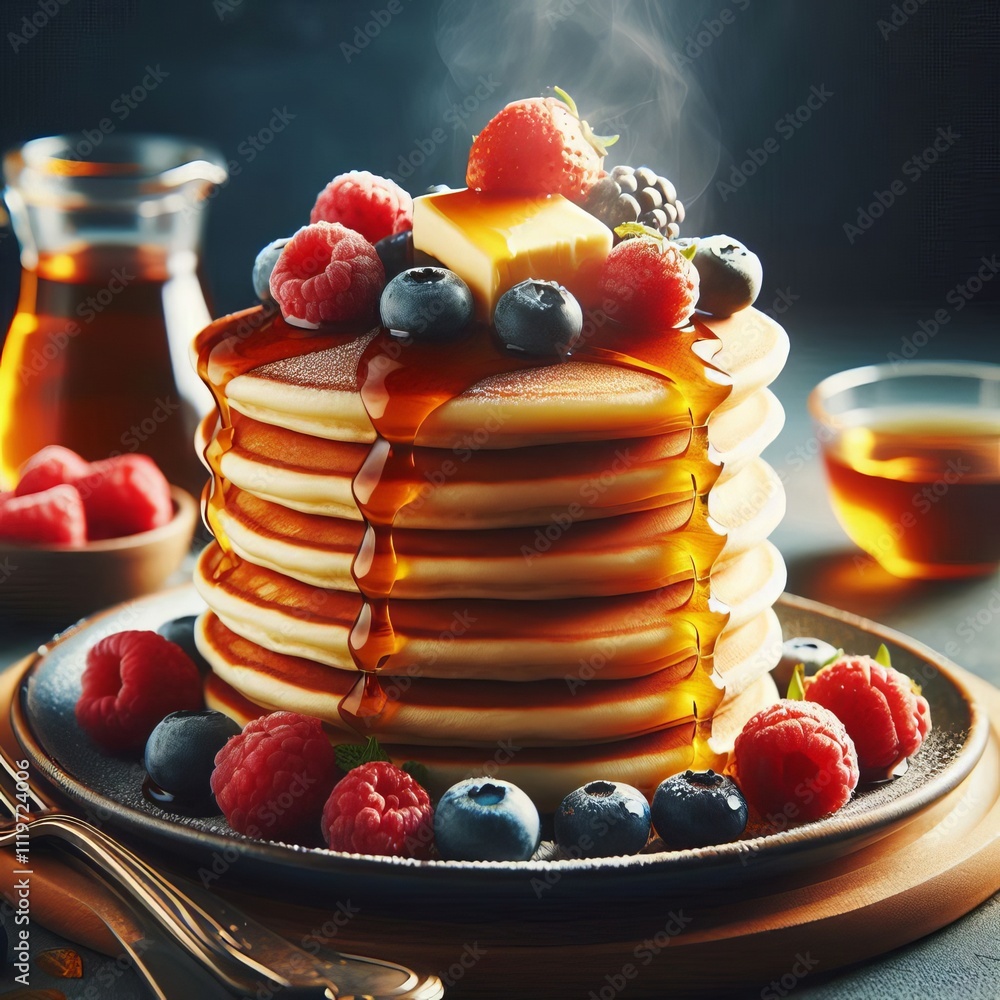 Poster pancake stack with maple syrup show a stack of fluffy pancakes t