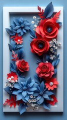 A white rectangular frame surrounded by red and blue roses, daisies, baby's breath flowers, and leaves on a light blue background, with a Valentine's Day theme. This is a 3D paper art piece with a fes
