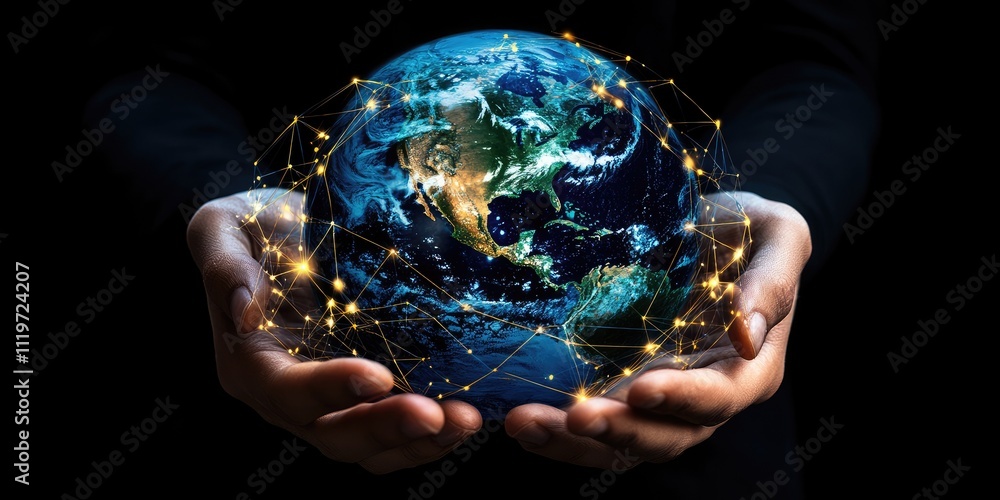 Poster hands holding glowing earth with network connections against dark background