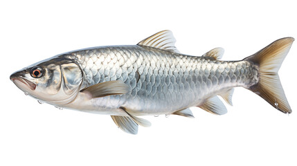 Obraz premium A majestic tarpon fish swimming gracefully, showcasing its silver scales in clear waters, isolated on transparent background.