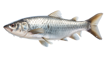 A majestic tarpon fish swimming gracefully, showcasing its silver scales in clear waters, isolated on transparent background.
